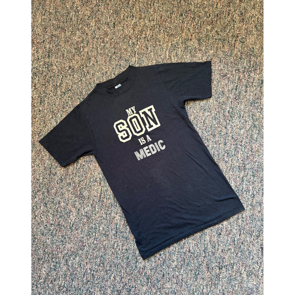 Vintage Artex My Son is‎ a Medic T Shirt Black Size M Div of Jostens Graphic Tee